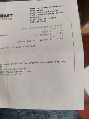 $69.95 receipt for two glasses with lenses and eye exam with prescription