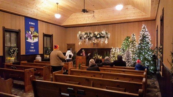 Holiday in Lights at the Anoka County Fair: inside the chapel. Yeah, there's an 1890s chapel on the fairgrounds!