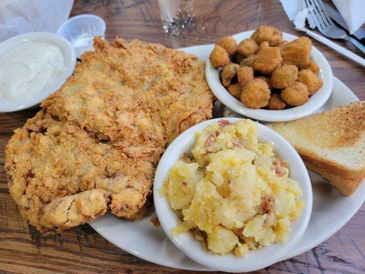 Chicken Fried Steak, Cowboy potatoes and Fried Okra