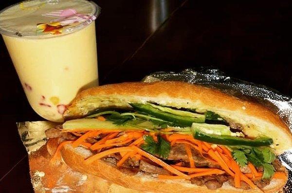 Chicken banh mi and mango smoothie with crystal rainbow boba