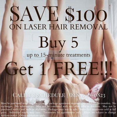 Save $100 on Laser Hair Removal.  Buy 5, Get the 6th FREE! *Restrictions apply.