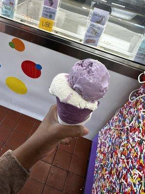 Lavender cone, cremas alcoholic ice cream, ube ice cream