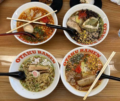 Top left & Bottom right are spicy miso, Bottom left Ckn broth Ramen, Top right Triple Garlic