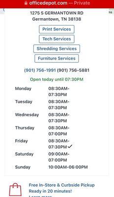 retail hours of operation for the Office Depot located in Germantown, Tennessee
