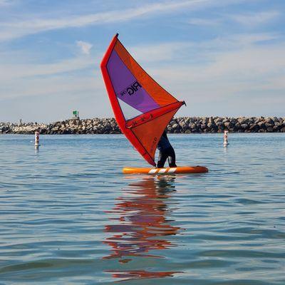 Windsuping with Winged not Wired. Ventura Harbor. standup paddle board and wind sails, great for couples, ages 4+