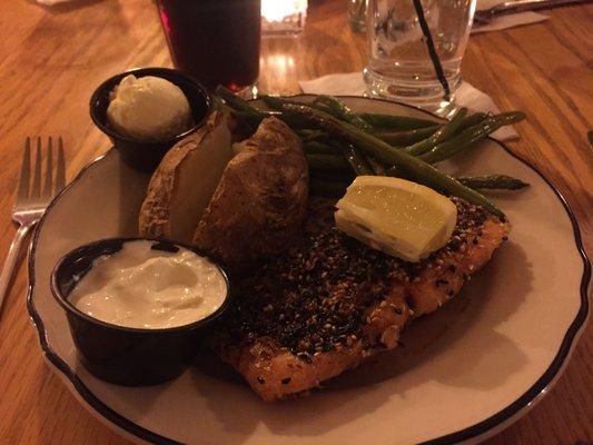 Sesame salmon, baked potatoes and green beans