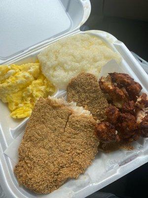 Unseasoned Fried Fish, BURNT SHRIMP, Grits, and eggs