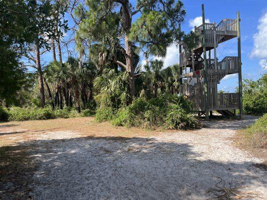 Park tower looking southwest (three way split trail section; N- beach access canal, S- anclote pier, NE turtle cove