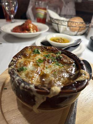 French Onion Soup Homemade Fried Mozzarella Bread with garlic butter