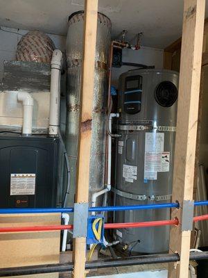 New Trane energy efficient furnace on the left and new Rheem hybrid water heater on the right