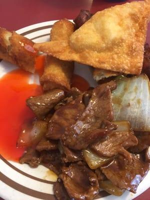 Green Pepper Steak w/Onions Egg Rolls Cream Cheese Fried Won Ton Sweet & Sour Sauce (need some sauce rams!)