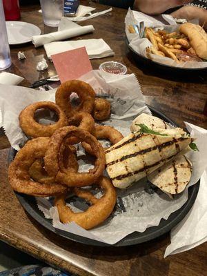 Chicken Caesar wrap with onion rings