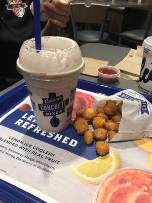 Strawberry Milkshake with a side of cheese curds!  A day doesn't end better than this