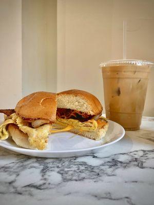 Bacon, Egg and Cheese on a Brioche  Iced Coffee