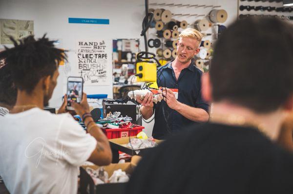 Filming in the Adidas Mkrs Lab, where Sneaker Week attendees tested, design, and alter cleared footwear.