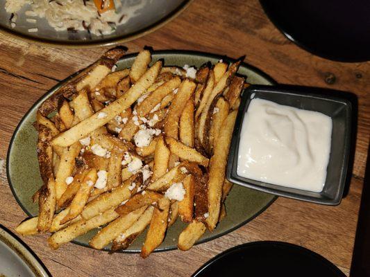 hand cut fries, feta, lemon zest, aoili