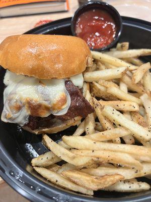 Thick bacon cheeseburger with saltnpeper fries