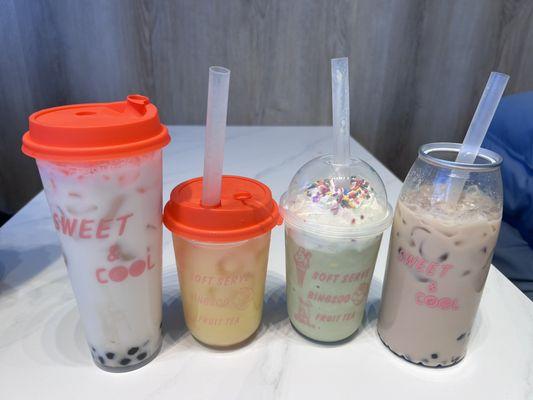 Wintermelon Milk Tea, Peach Yogurt Drink, Matcha Frappe. Boba Milk Tea