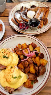 Classic Benedict with well done potatoes, Challah French toast with a side of bacon