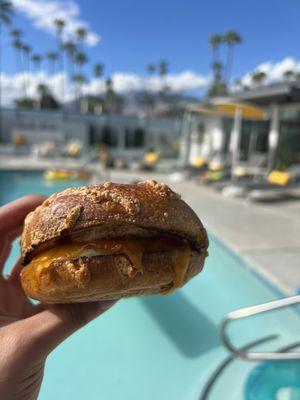 Bacon egg cheese in a parmesan bagel