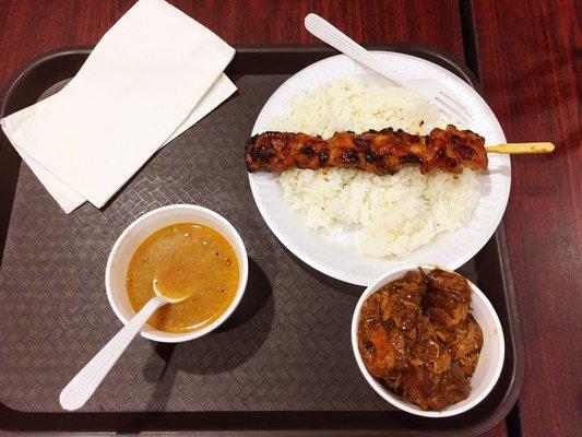 Chicken adobo and barbecue chicken with rice. Also a side of broth.