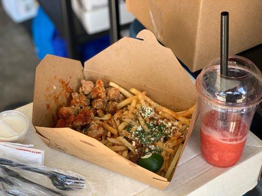 Spicy 1. Popcorn Chicken Combo with Garlic Butter Salt Fries. Spicy Watermelon drink!