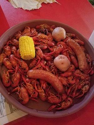 2 pounds of crawfish, 2 potatoes, 2 sausages and 1 corn from Crawfish Connection.