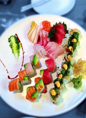 Rainbow & Cilantro Rolls. Assorted Sashimi.