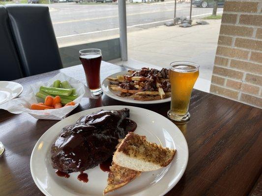 BBQ chicken, fries with brisket, veggies 'cause they are pretty