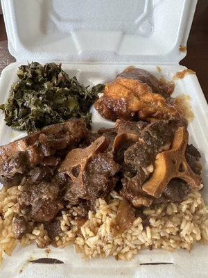 Oxtail with rice, yams, and collard greens (dinner portion)