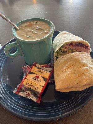 Yum! Chicken wild rice soup/ cranberry turkey wrap!