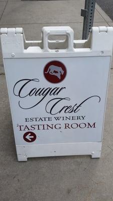 Sidewalk Cougar Crest Tasting Room Sign