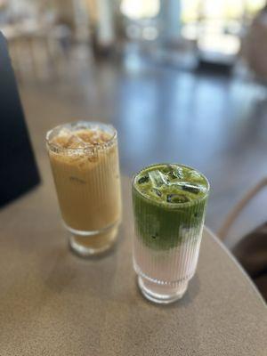 Cherry Almond Matcha latte and Iced Latte w/ Honey, both not too sweet and solid!