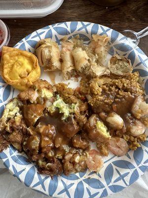 Crab Rangoon, shrimp  egg roll, shrimp fried rice, and shrimp egg foo young