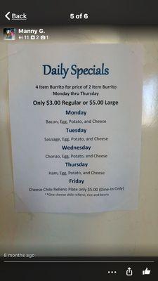 Daily Specials Menu