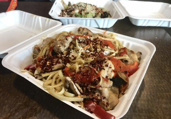 Stir fry - load up the mushrooms and peppers and double chicken