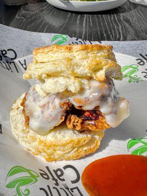 Fried chicken biscuit with melted cheddar