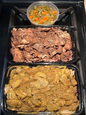 Curry Chicken with Choice of Rice, Jerk Chicken with Choice of Rice and Caribbean green beans