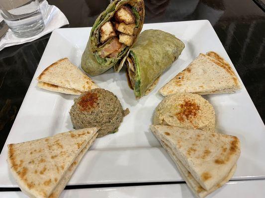 Thai wrap with tofu, with hummus and baba ganoush (vegan)