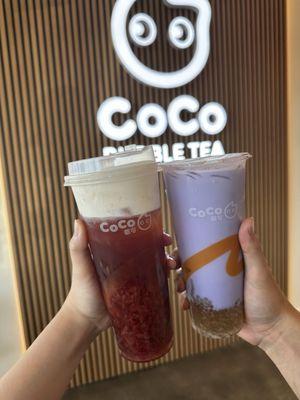 Strawberry black tea with cheese foam, taro sago milk tea