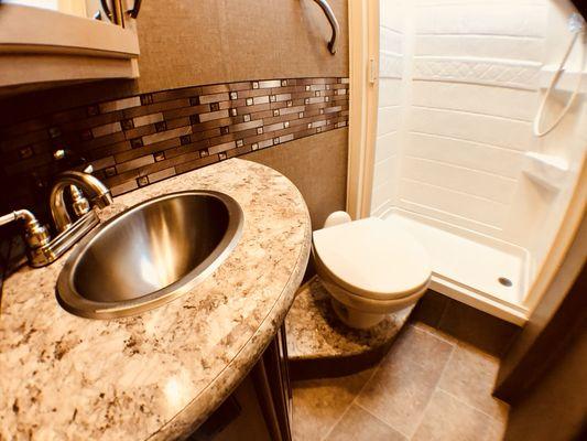 Bathroom on our brand new 2018 24' Micro Luxury Rv. Book today!