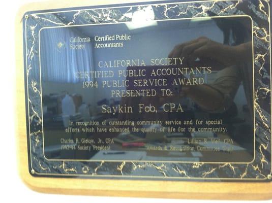 Award by certified CPA's of California society of CPA's