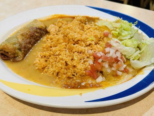 Crispy Chile Relleno, chicken enchilada with rice (flauta not pictured)