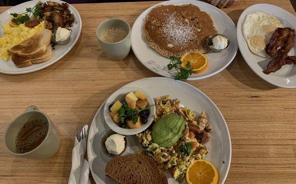 2 Egg Breakfast + Potatoes Multigrain Pancake Side of 2 eggs & bacon California Scramble + Chicken Sausage w/ Wheat Bread