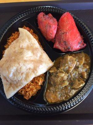 Naan, Chicken Tikka (opted for no sauce), chicken curry and biryani.