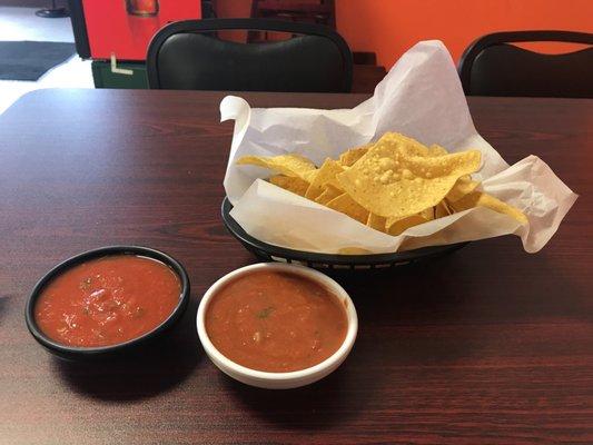 Chips with both hot and mild salsa.