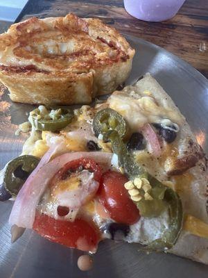 Pizza Roll and a personal pie slice of Street Corn Pizza.