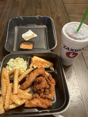 Zax's sauce 4 piece chicken box, fries, Texas toast