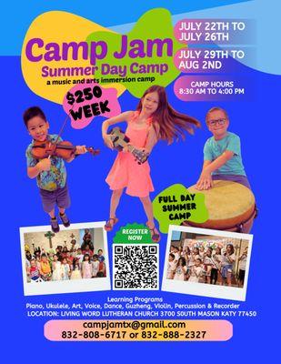 It's time for Camp Jam!  Join us for music and arts fun for ages 5 to 10 years old.  FULL DAY! GREAT PRICE! GREAT FUN!!!