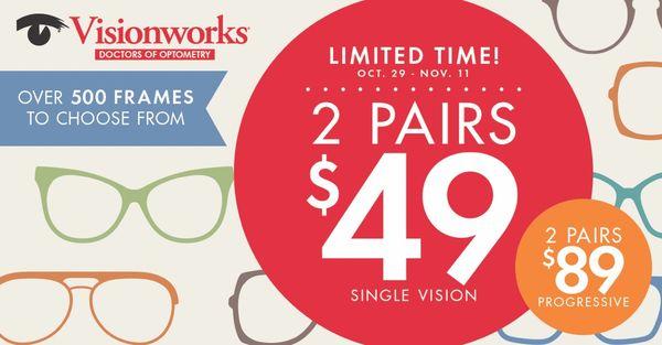 Awesome sale on 2 complete pairs of eyeglasses! 2 pair of single vision plastic lenses and a frame for $49!